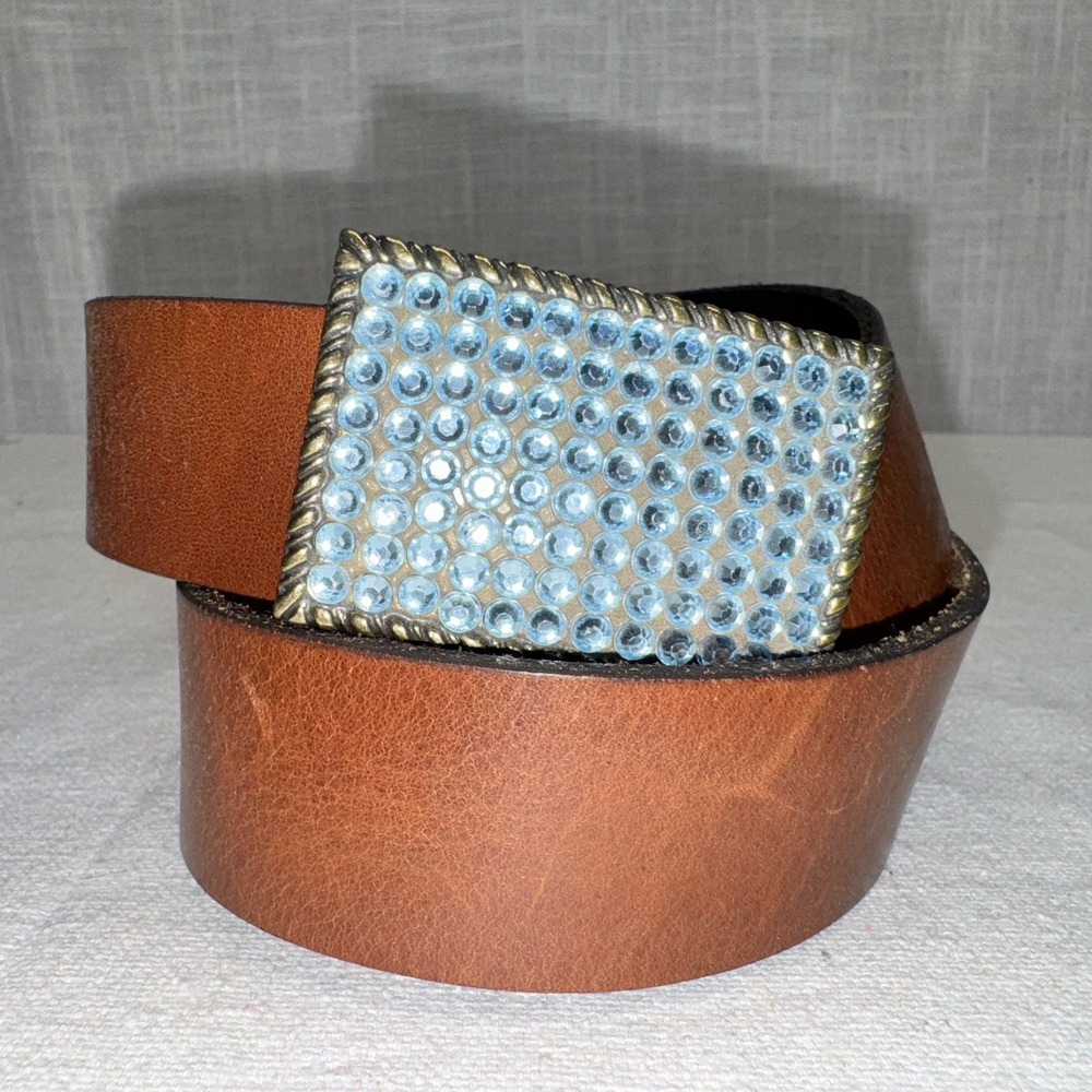 Gap Leather Belt Women M Brown Blue Rhinestone Buckle Western Boho Cowgirl Bling